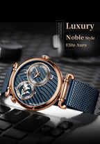 POEDAGAR Fashion Man Clock Dual Time Zone Display Waterproof Date Men Watch Sports Mesh Stainless Steel Men's Quartz Watches+Box