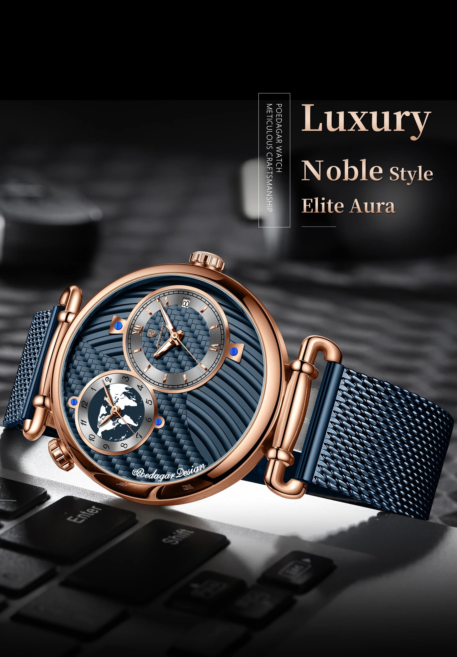 POEDAGAR Fashion Man Clock Dual Time Zone Display Waterproof Date Men Watch Sports Mesh Stainless Steel Men's Quartz Watches+Box