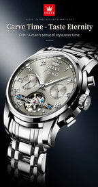 OLEVS 6607 Fully Automaitc Watches Stainless Steel Skeleton Flywheel Dual Calendar Top Luxury Brand Men's Mechanical Wristwatch