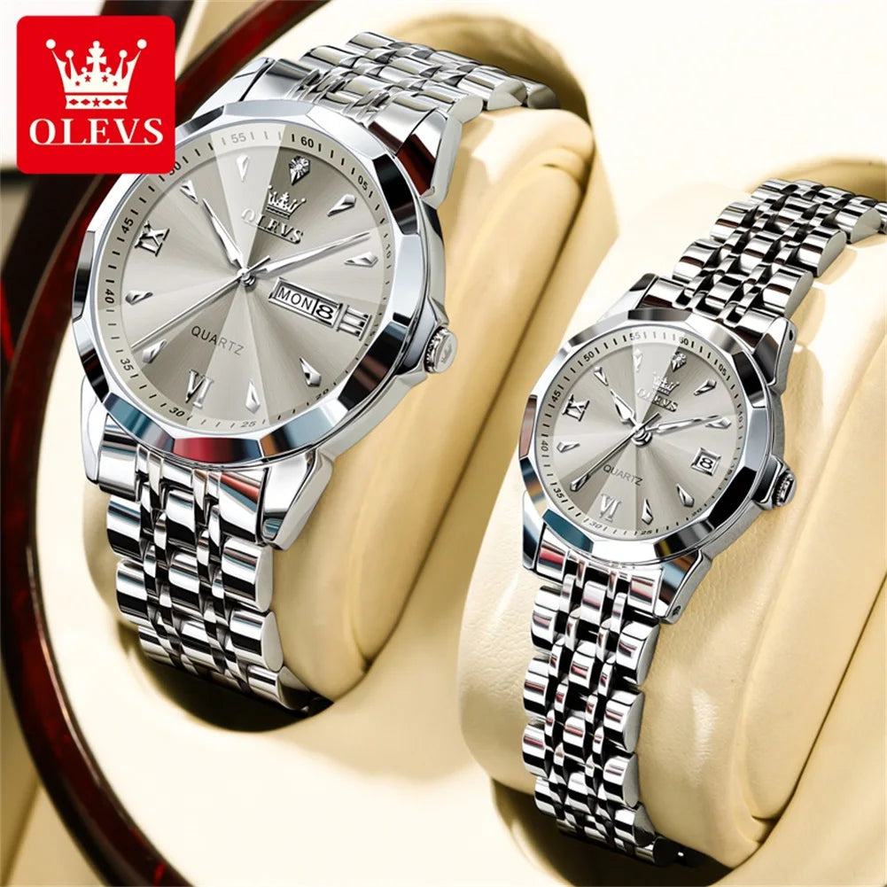 OLEVS 9998 Couple Watch Luxury Men Women Quartz Watch Dual Calendar Clock Waterproof Men's Women's Dating Couple Watch Set Gift