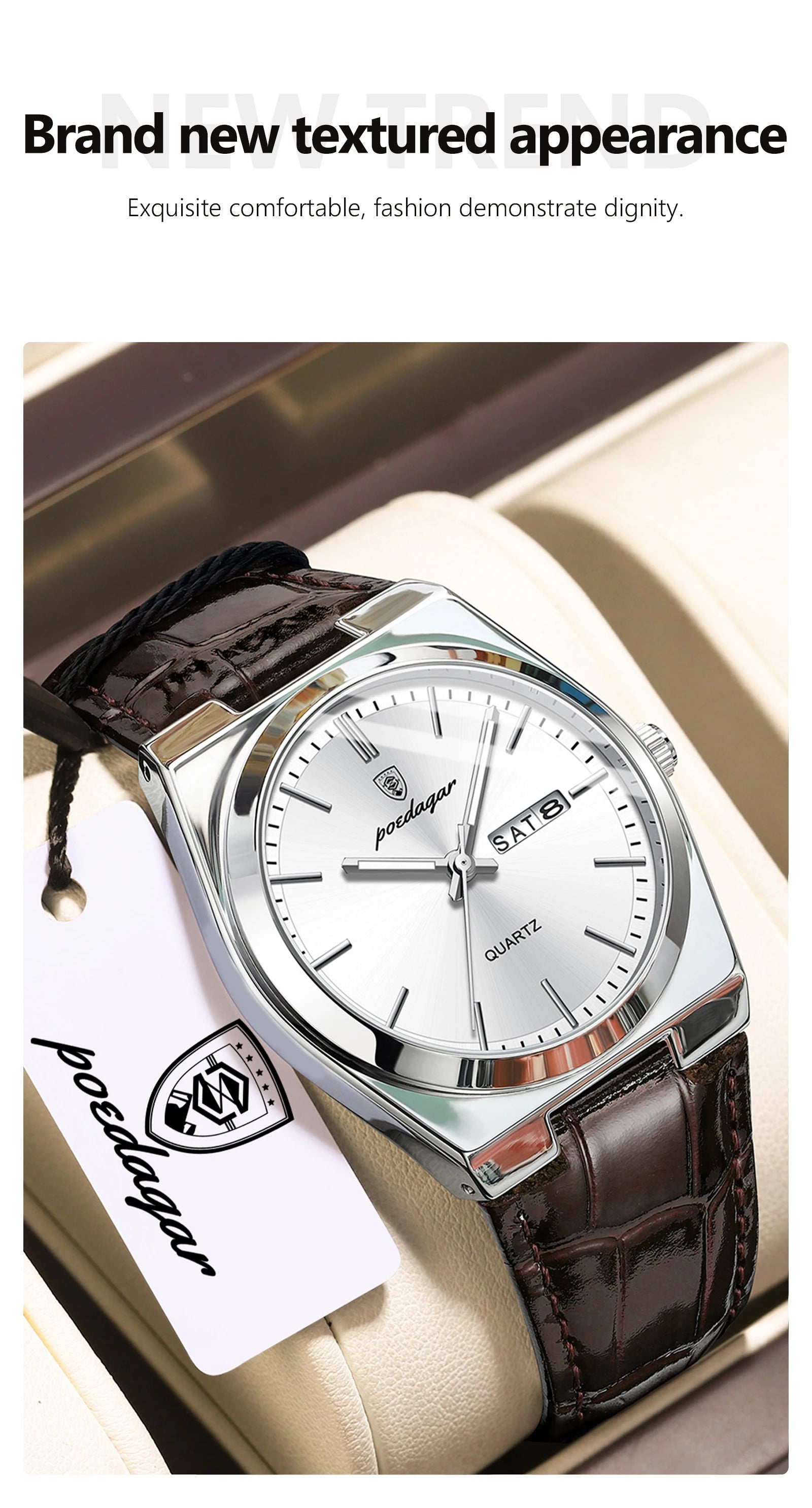 POEDAGAR Top Fashion Casual Men Watch Waterproof Luminous Date Week Man Wristwatch Outdoor Leather Business Men's Quartz Watches