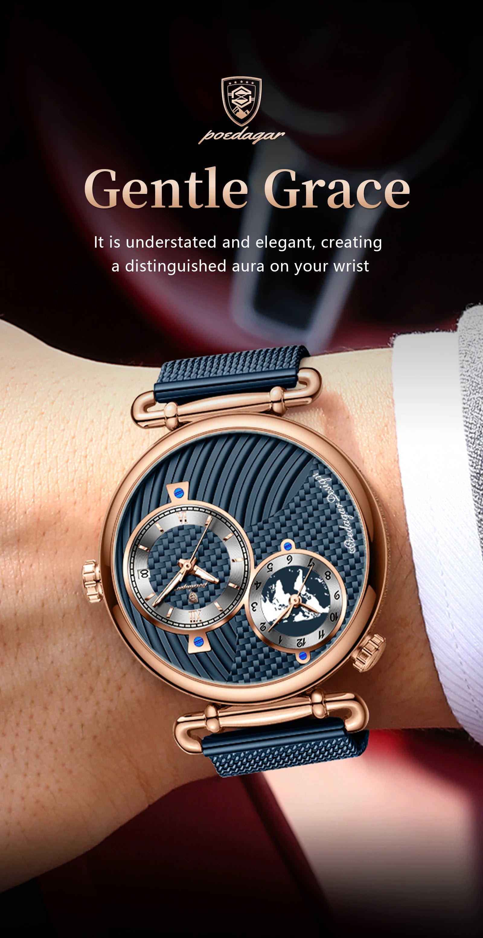POEDAGAR Fashion Man Clock Dual Time Zone Display Waterproof Date Men Watch Sports Mesh Stainless Steel Men's Quartz Watches+Box