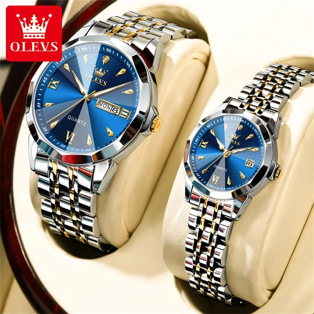 OLEVS 9998 Couple Watch Luxury Men Women Quartz Watch Dual Calendar Clock Waterproof Men's Women's Dating Couple Watch Set Gift