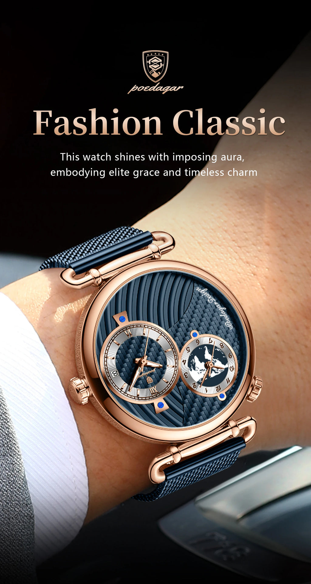 POEDAGAR Fashion Man Clock Dual Time Zone Display Waterproof Date Men Watch Sports Mesh Stainless Steel Men's Quartz Watches+Box