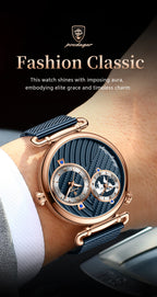 POEDAGAR Fashion Man Clock Dual Time Zone Display Waterproof Date Men Watch Sports Mesh Stainless Steel Men's Quartz Watches+Box