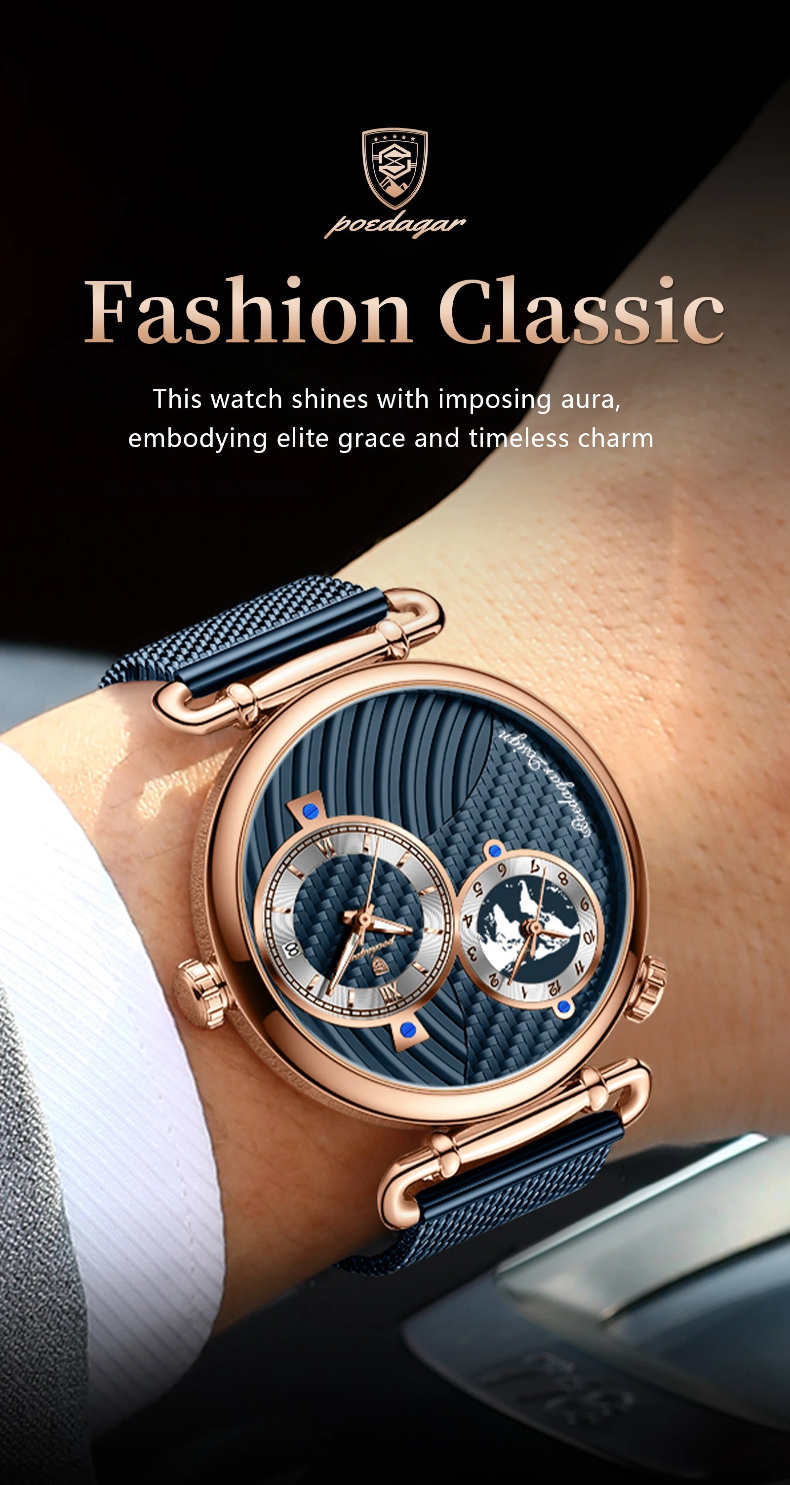 POEDAGAR Fashion Man Clock Dual Time Zone Display Waterproof Date Men Watch Sports Mesh Stainless Steel Men's Quartz Watches+Box