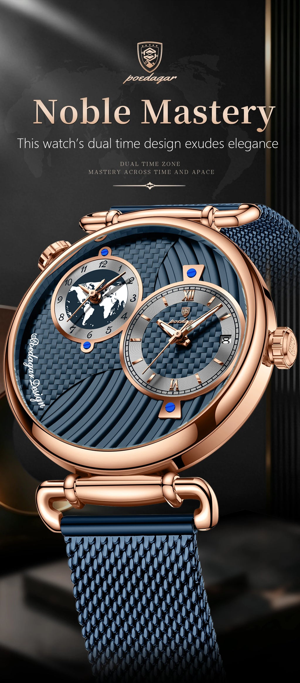 POEDAGAR Fashion Man Clock Dual Time Zone Display Waterproof Date Men Watch Sports Mesh Stainless Steel Men's Quartz Watches+Box