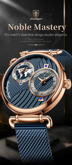 POEDAGAR Fashion Man Clock Dual Time Zone Display Waterproof Date Men Watch Sports Mesh Stainless Steel Men's Quartz Watches+Box