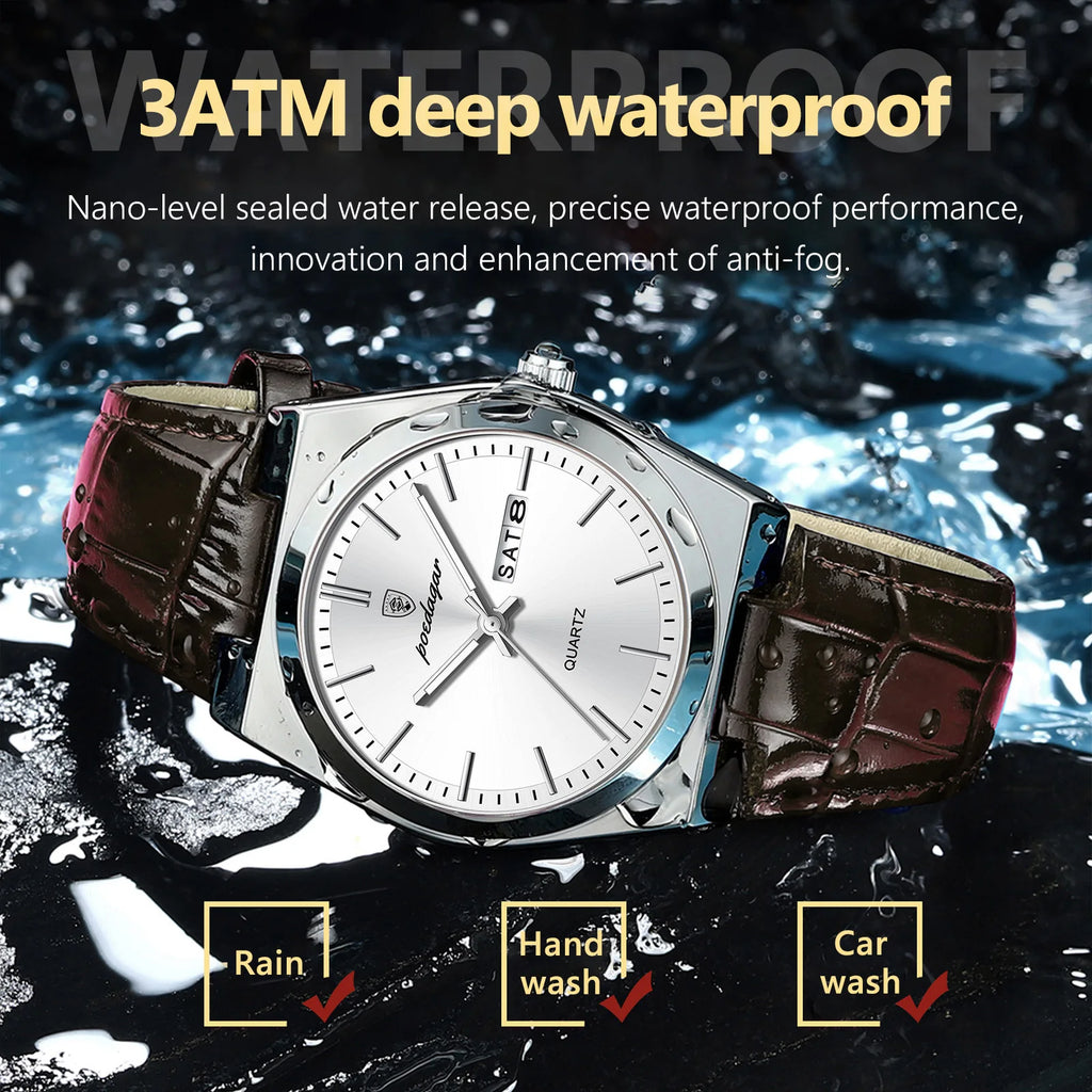 POEDAGAR Top Fashion Casual Men Watch Waterproof Luminous Date Week Man Wristwatch Outdoor Leather Business Men's Quartz Watches