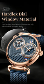 POEDAGAR Fashion Man Clock Dual Time Zone Display Waterproof Date Men Watch Sports Mesh Stainless Steel Men's Quartz Watches+Box