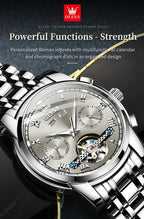 OLEVS 6607 Fully Automaitc Watches Stainless Steel Skeleton Flywheel Dual Calendar Top Luxury Brand Men's Mechanical Wristwatch