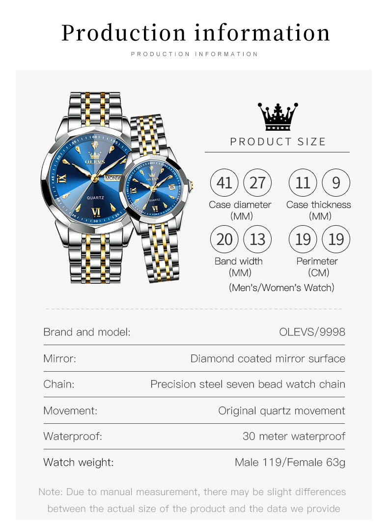 OLEVS 9998 Couple Watch Luxury Men Women Quartz Watch Dual Calendar Clock Waterproof Men's Women's Dating Couple Watch Set Gift