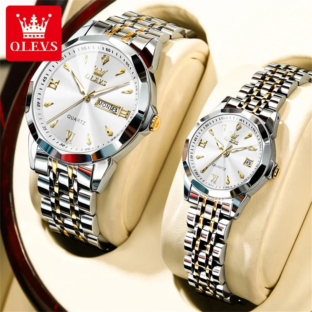 OLEVS 9998 Couple Watch Luxury Men Women Quartz Watch Dual Calendar Clock Waterproof Men's Women's Dating Couple Watch Set Gift