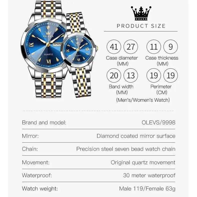 OLEVS 9998 Couple Watch Luxury Men Women Quartz Watch Dual Calendar Clock Waterproof Men's Women's Dating Couple Watch Set Gift
