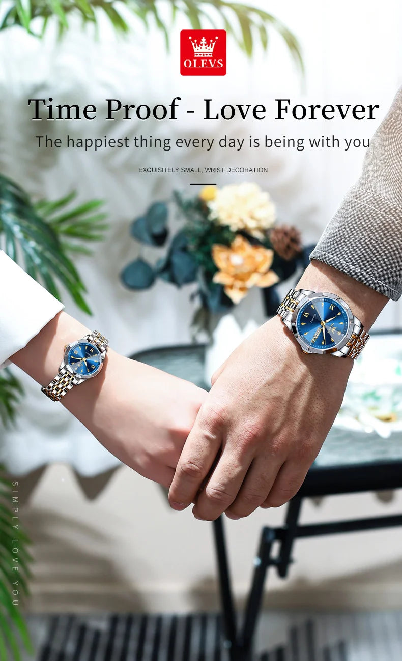 OLEVS 9998 Couple Watch Luxury Men Women Quartz Watch Dual Calendar Clock Waterproof Men's Women's Dating Couple Watch Set Gift