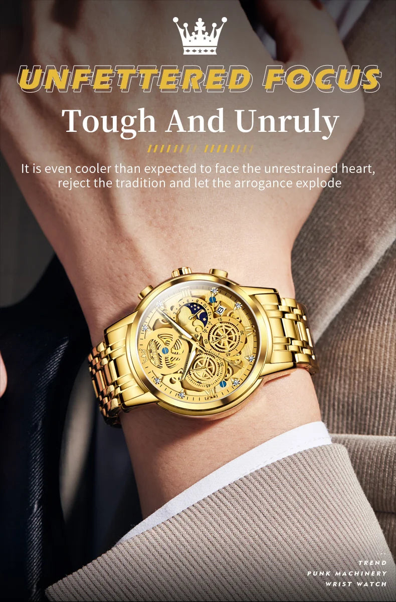 OLEVS 9947 Men's Watches Top Brand Luxury Original Waterproof Quartz Watch for Man Gold Skeleton Style 24 Hour Day Night New