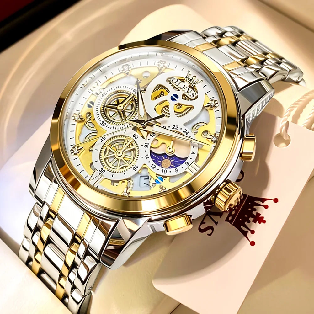 OLEVS 9947 Men's Watches Top Brand Luxury Original Waterproof Quartz Watch for Man Gold Skeleton Style 24 Hour Day Night New