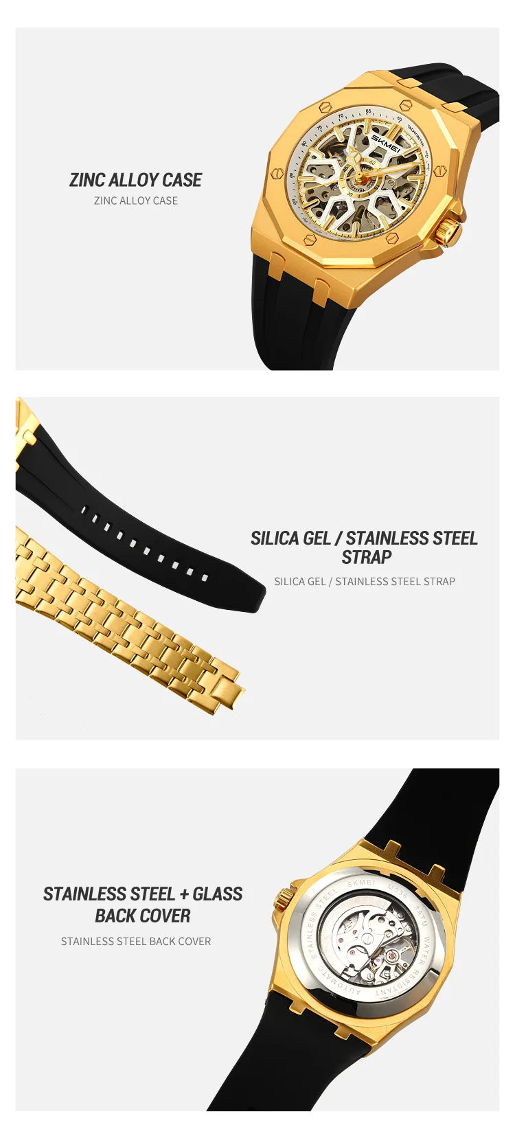 SKMEI M036 Movement Mens Casual Alloy Watches Movement Waterproof Mens Wristwatches Week Display Male Clock Luxury Mechanical