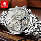 OLEVS 6607 Fully Automaitc Watches Stainless Steel Skeleton Flywheel Dual Calendar Top Luxury Brand Men's Mechanical Wristwatch