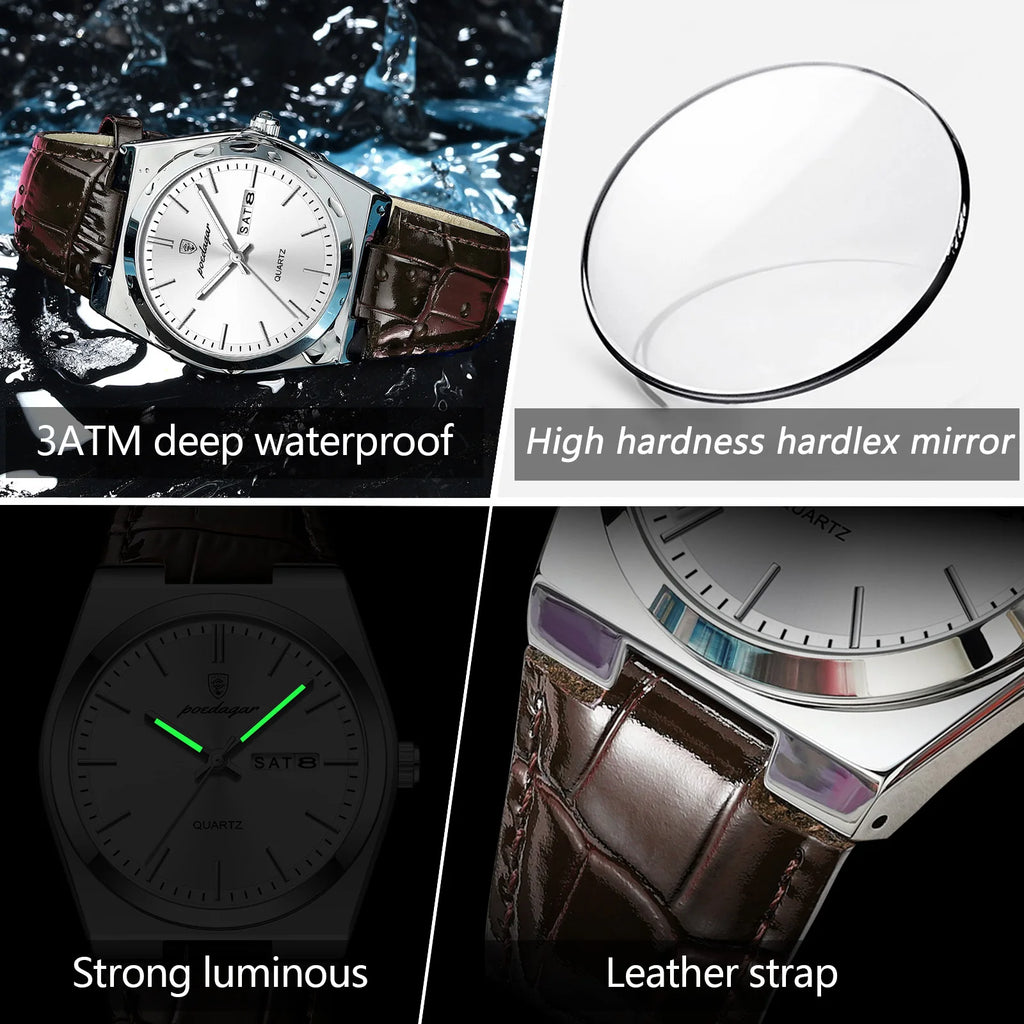POEDAGAR Top Fashion Casual Men Watch Waterproof Luminous Date Week Man Wristwatch Outdoor Leather Business Men's Quartz Watches