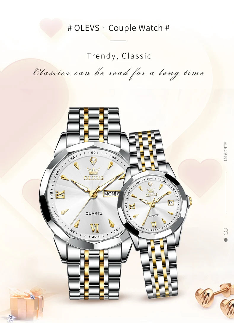 OLEVS 9998 Couple Watch Luxury Men Women Quartz Watch Dual Calendar Clock Waterproof Men's Women's Dating Couple Watch Set Gift