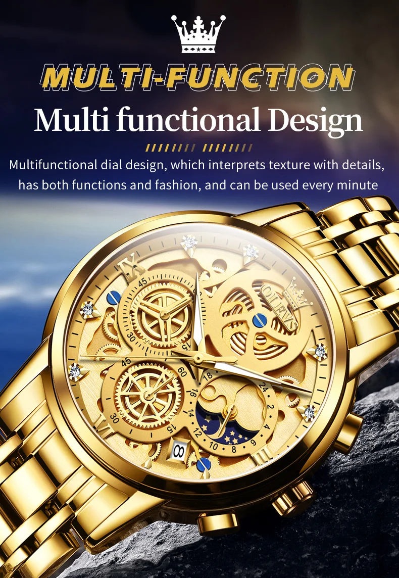 OLEVS 9947 Men's Watches Top Brand Luxury Original Waterproof Quartz Watch for Man Gold Skeleton Style 24 Hour Day Night New