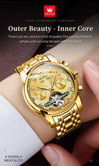 OLEVS 6607 Fully Automaitc Watches Stainless Steel Skeleton Flywheel Dual Calendar Top Luxury Brand Men's Mechanical Wristwatch