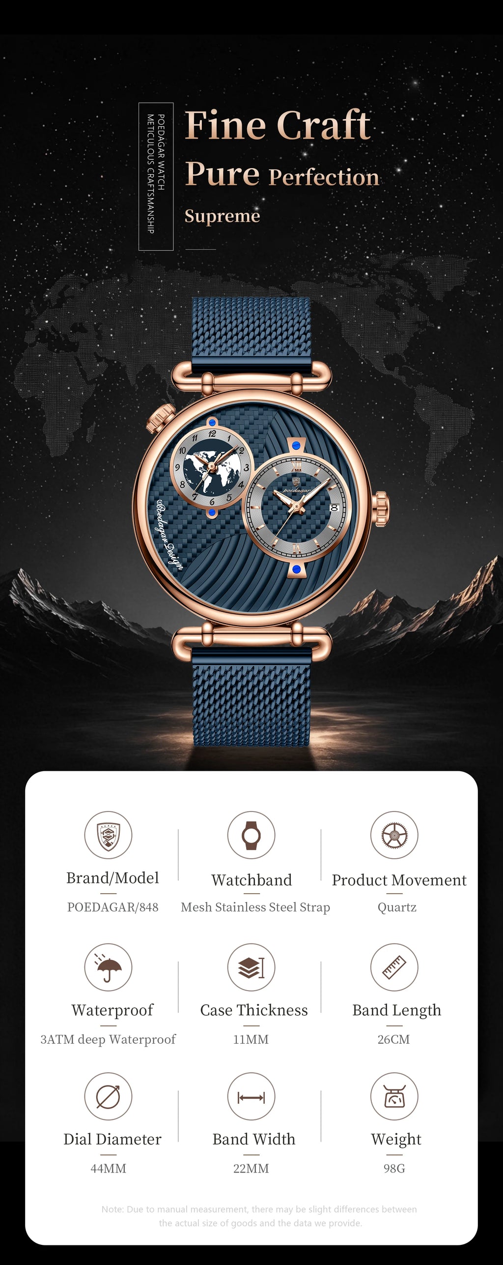 POEDAGAR Fashion Man Clock Dual Time Zone Display Waterproof Date Men Watch Sports Mesh Stainless Steel Men's Quartz Watches+Box