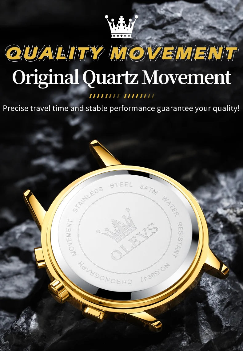 OLEVS 9947 Men's Watches Top Brand Luxury Original Waterproof Quartz Watch for Man Gold Skeleton Style 24 Hour Day Night New