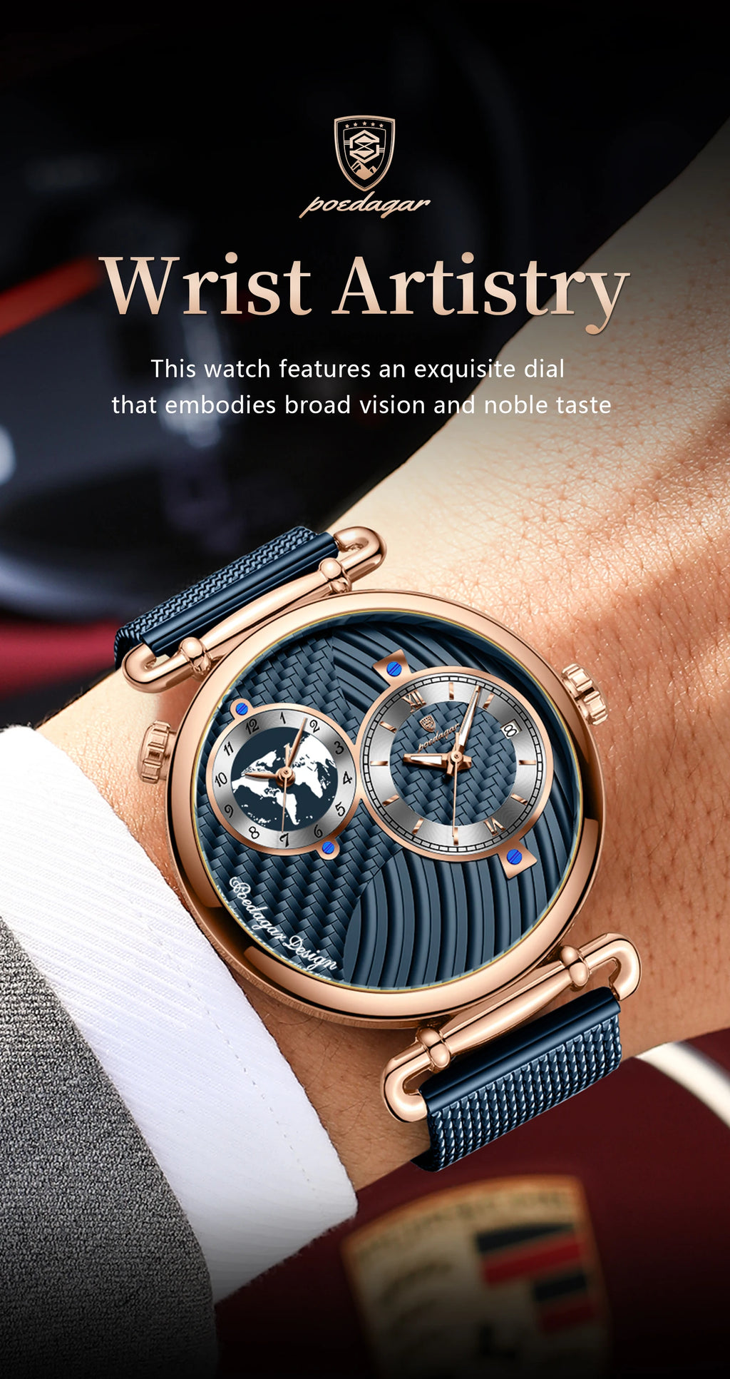 POEDAGAR Fashion Man Clock Dual Time Zone Display Waterproof Date Men Watch Sports Mesh Stainless Steel Men's Quartz Watches+Box