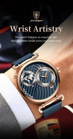POEDAGAR Fashion Man Clock Dual Time Zone Display Waterproof Date Men Watch Sports Mesh Stainless Steel Men's Quartz Watches+Box