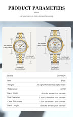 CURREN Couple Watches Waterproof Luminous Wristwatch for Lover Date Men‘s and Women's Wristwatch Simple Fashion