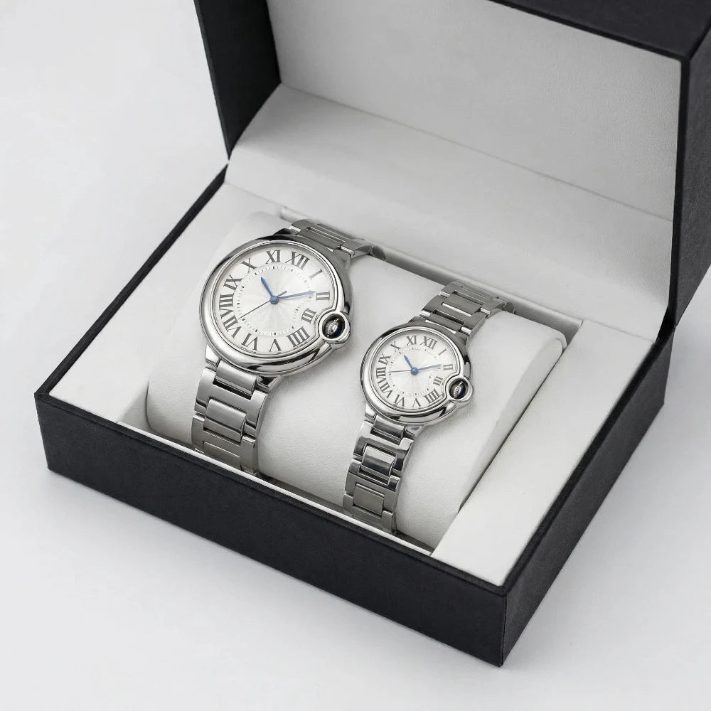 Couple Quartz Watches for Men Women Stainless Steel Roman Numeral Dial Wristwatch Waterproof Matching Watch Set with Gift Box