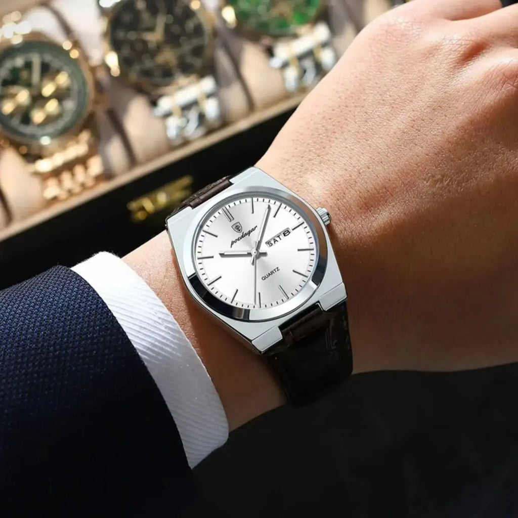 POEDAGAR Top Fashion Casual Men Watch Waterproof Luminous Date Week Man Wristwatch Outdoor Leather Business Men's Quartz Watches