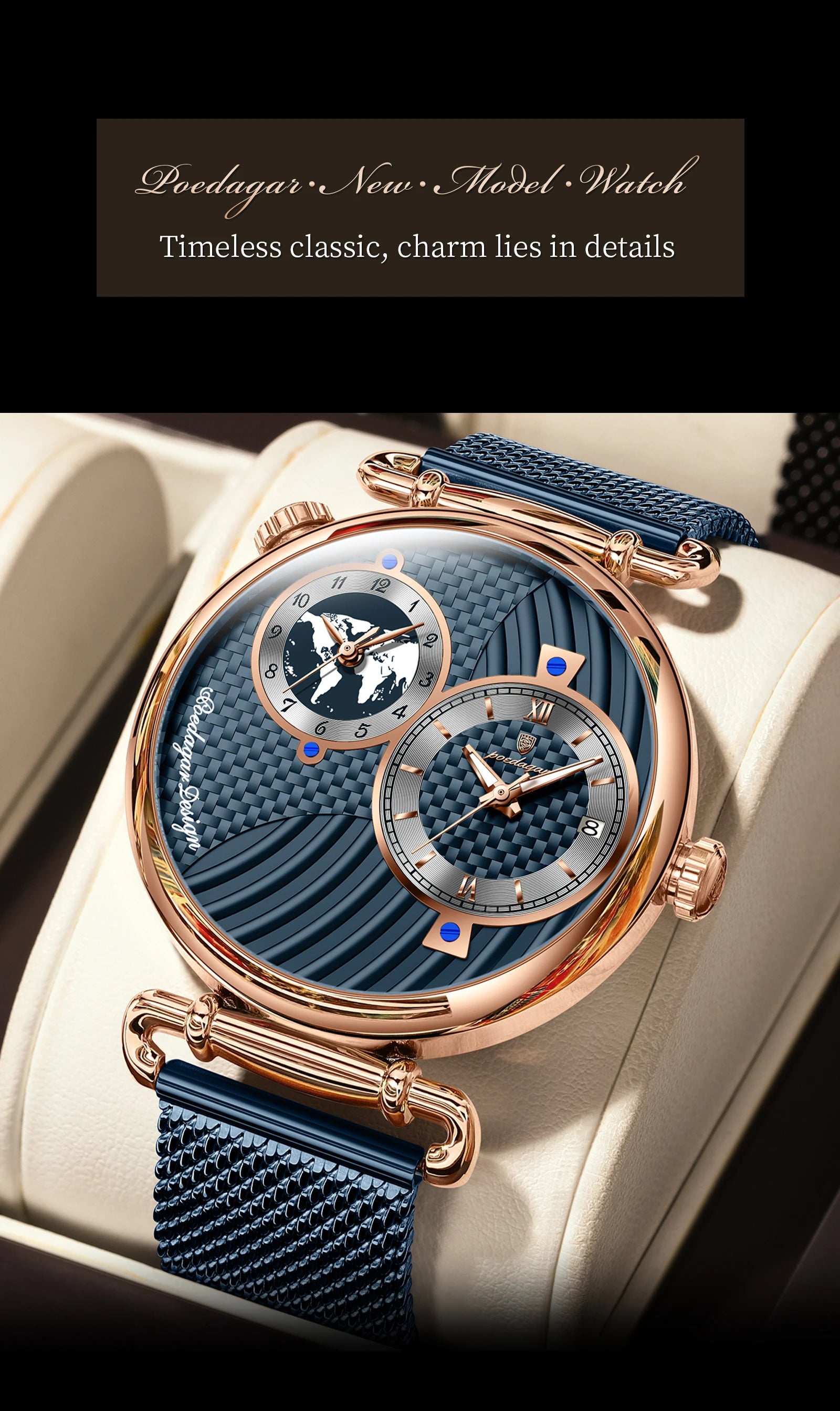 POEDAGAR Fashion Man Clock Dual Time Zone Display Waterproof Date Men Watch Sports Mesh Stainless Steel Men's Quartz Watches+Box