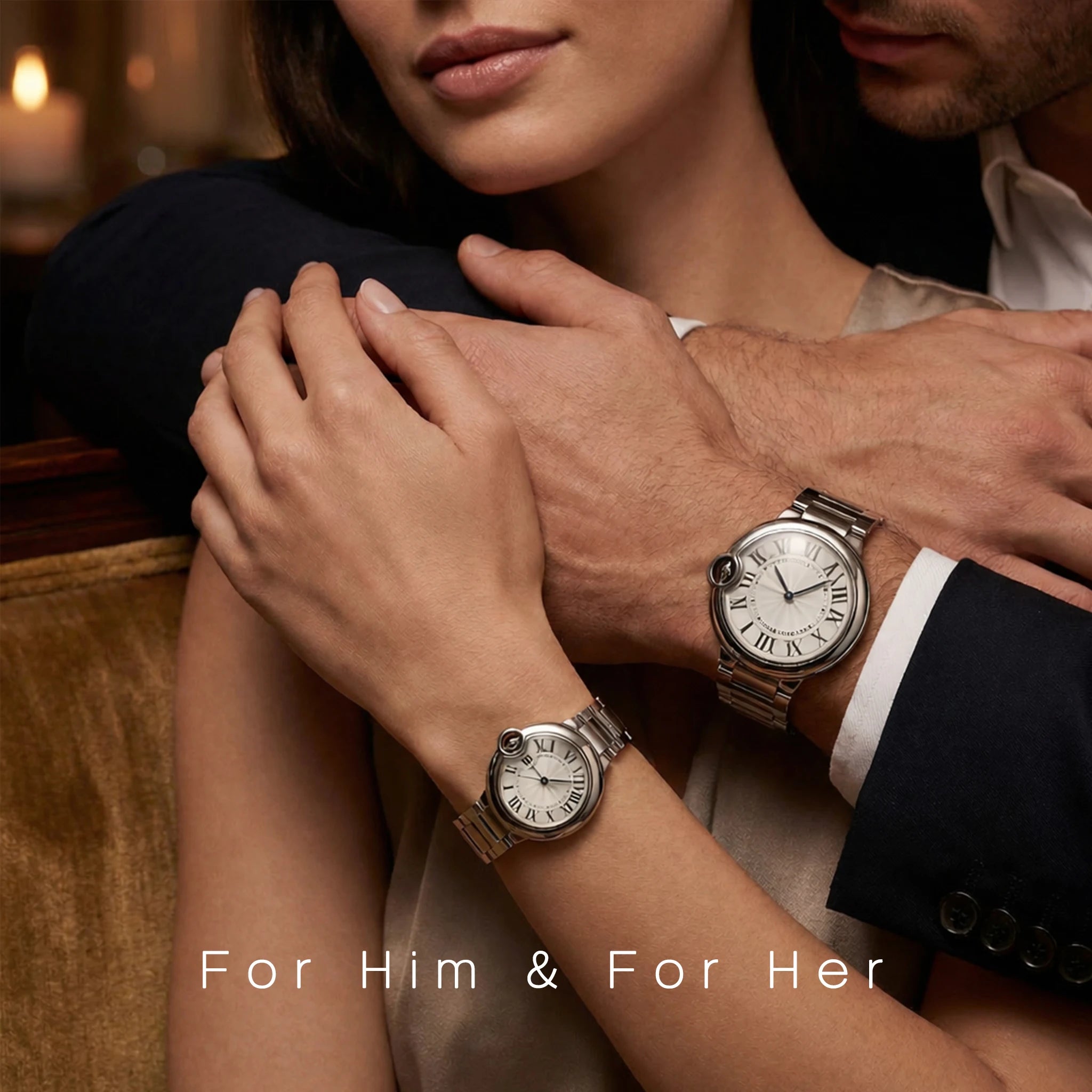 Couple Quartz Watches for Men Women Stainless Steel Roman Numeral Dial Wristwatch Waterproof Matching Watch Set with Gift Box