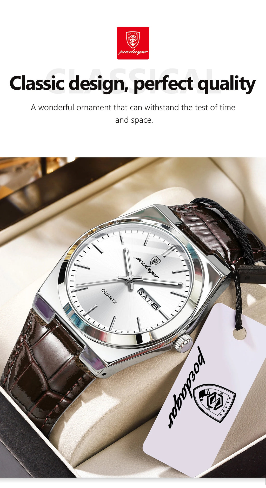 POEDAGAR Top Fashion Casual Men Watch Waterproof Luminous Date Week Man Wristwatch Outdoor Leather Business Men's Quartz Watches