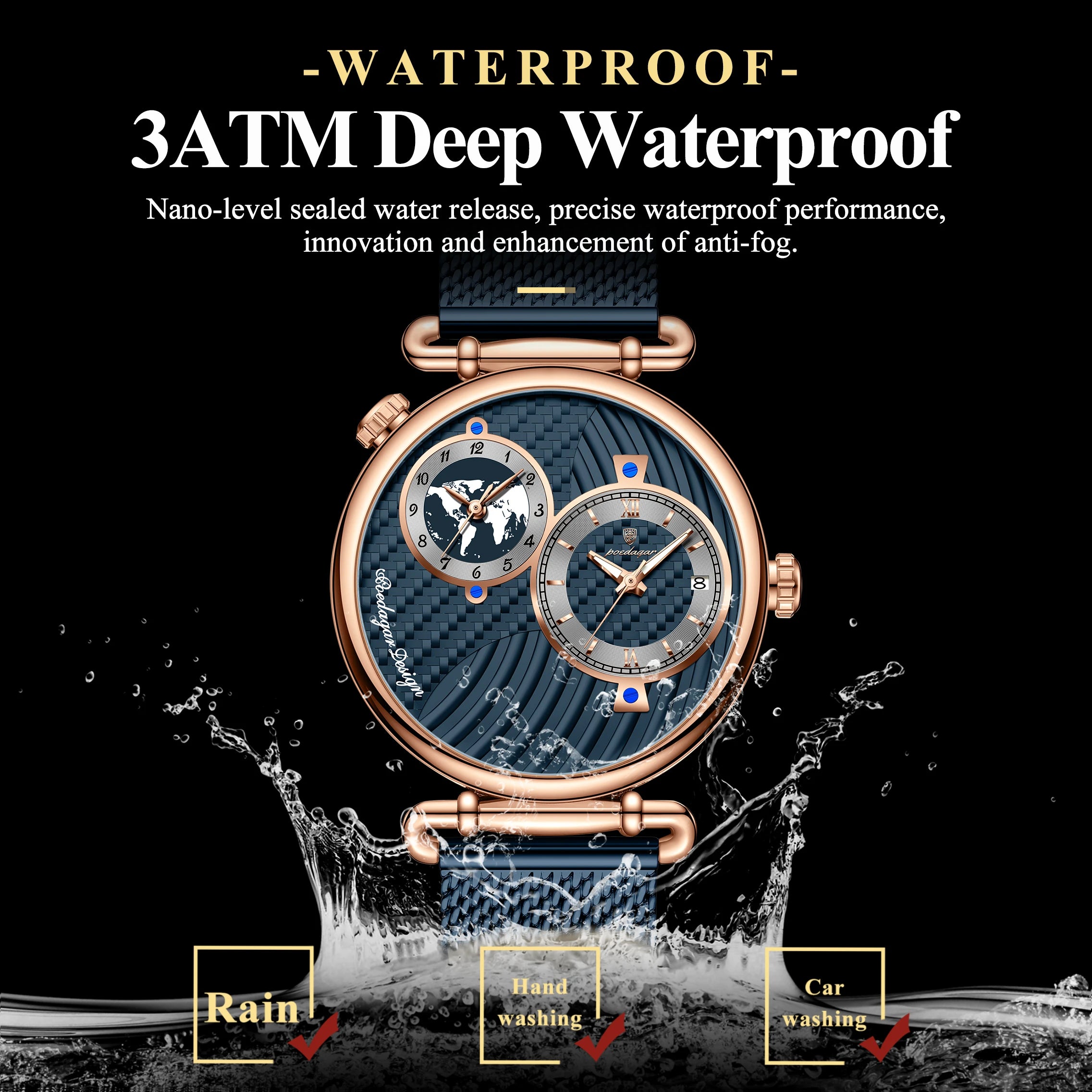POEDAGAR Fashion Man Clock Dual Time Zone Display Waterproof Date Men Watch Sports Mesh Stainless Steel Men's Quartz Watches+Box