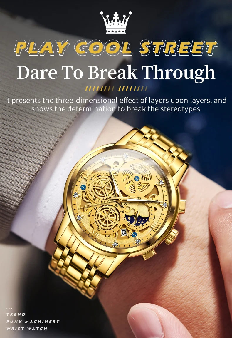 OLEVS 9947 Men's Watches Top Brand Luxury Original Waterproof Quartz Watch for Man Gold Skeleton Style 24 Hour Day Night New