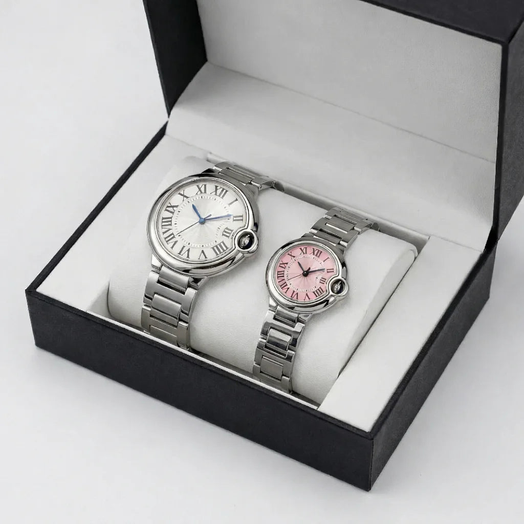 Couple Quartz Watches for Men Women Stainless Steel Roman Numeral Dial Wristwatch Waterproof Matching Watch Set with Gift Box