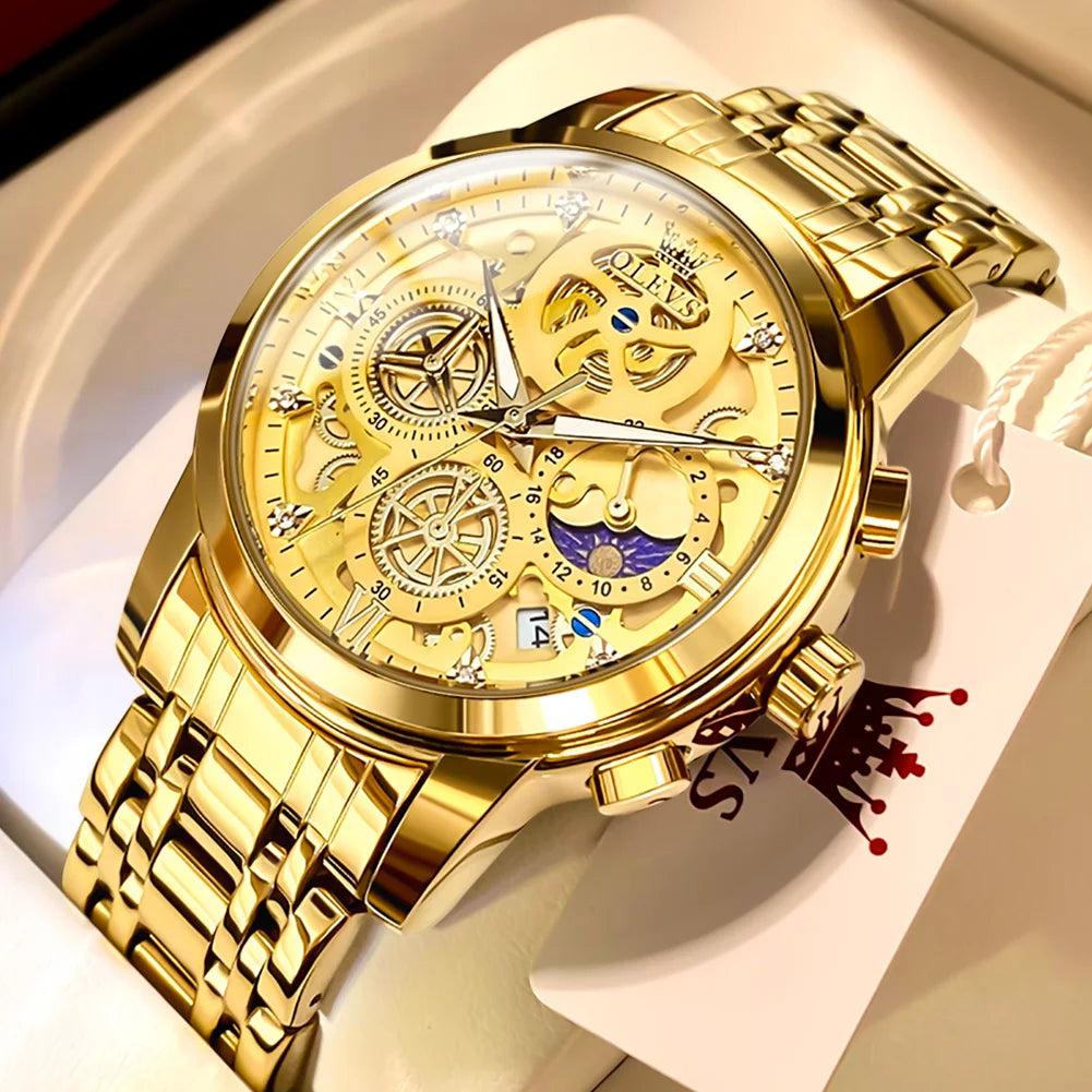 OLEVS 9947 Men's Watches Top Brand Luxury Original Waterproof Quartz Watch for Man Gold Skeleton Style 24 Hour Day Night New