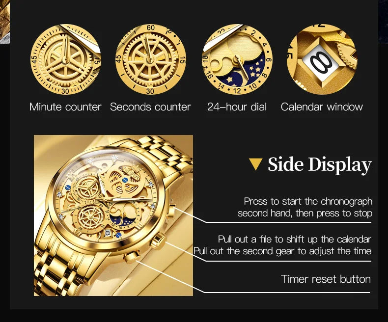 OLEVS 9947 Men's Watches Top Brand Luxury Original Waterproof Quartz Watch for Man Gold Skeleton Style 24 Hour Day Night New