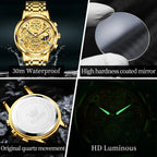 OLEVS 9947 Men's Watches Top Brand Luxury Original Waterproof Quartz Watch for Man Gold Skeleton Style 24 Hour Day Night New