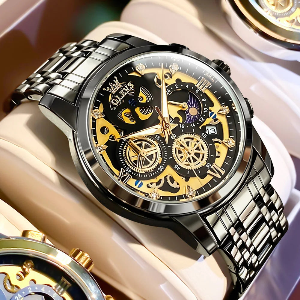 OLEVS 9947 Men's Watches Top Brand Luxury Original Waterproof Quartz Watch for Man Gold Skeleton Style 24 Hour Day Night New