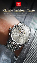 OLEVS 6607 Fully Automaitc Watches Stainless Steel Skeleton Flywheel Dual Calendar Top Luxury Brand Men's Mechanical Wristwatch