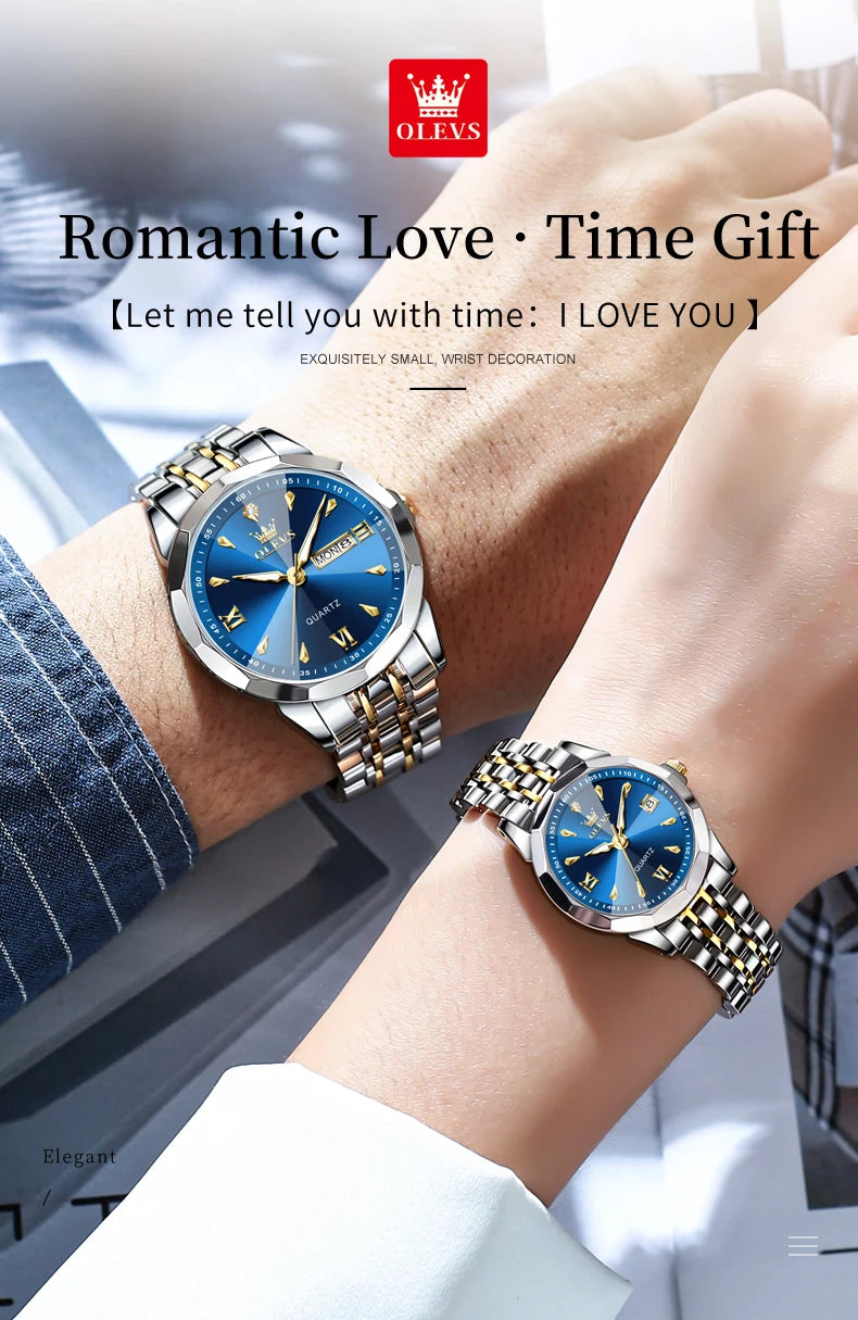 OLEVS 9998 Couple Watch Luxury Men Women Quartz Watch Dual Calendar Clock Waterproof Men's Women's Dating Couple Watch Set Gift