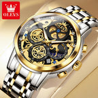 OLEVS 9947 Men's Watches Top Brand Luxury Original Waterproof Quartz Watch for Man Gold Skeleton Style 24 Hour Day Night New