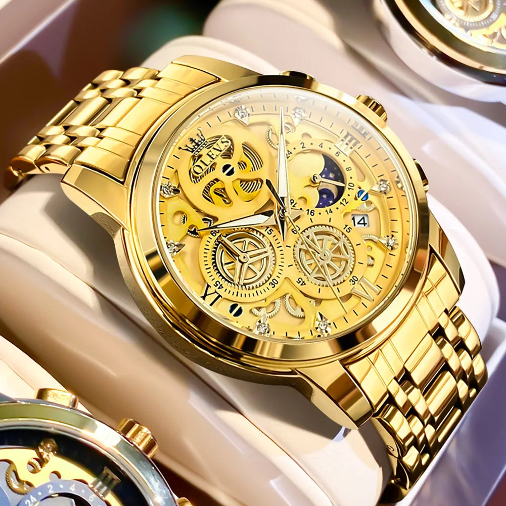 OLEVS 9947 Men's Watches Top Brand Luxury Original Waterproof Quartz Watch for Man Gold Skeleton Style 24 Hour Day Night New