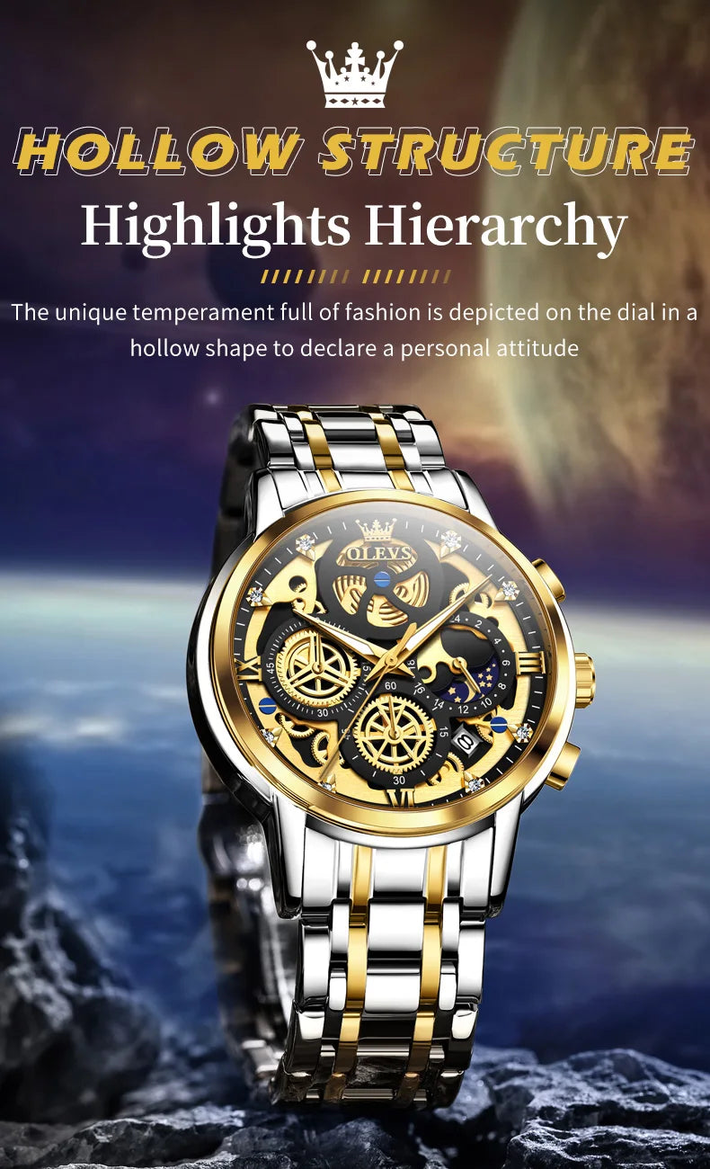 OLEVS 9947 Men's Watches Top Brand Luxury Original Waterproof Quartz Watch for Man Gold Skeleton Style 24 Hour Day Night New