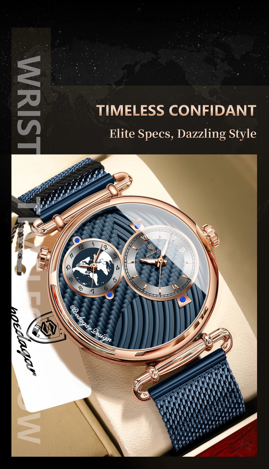 POEDAGAR Fashion Man Clock Dual Time Zone Display Waterproof Date Men Watch Sports Mesh Stainless Steel Men's Quartz Watches+Box